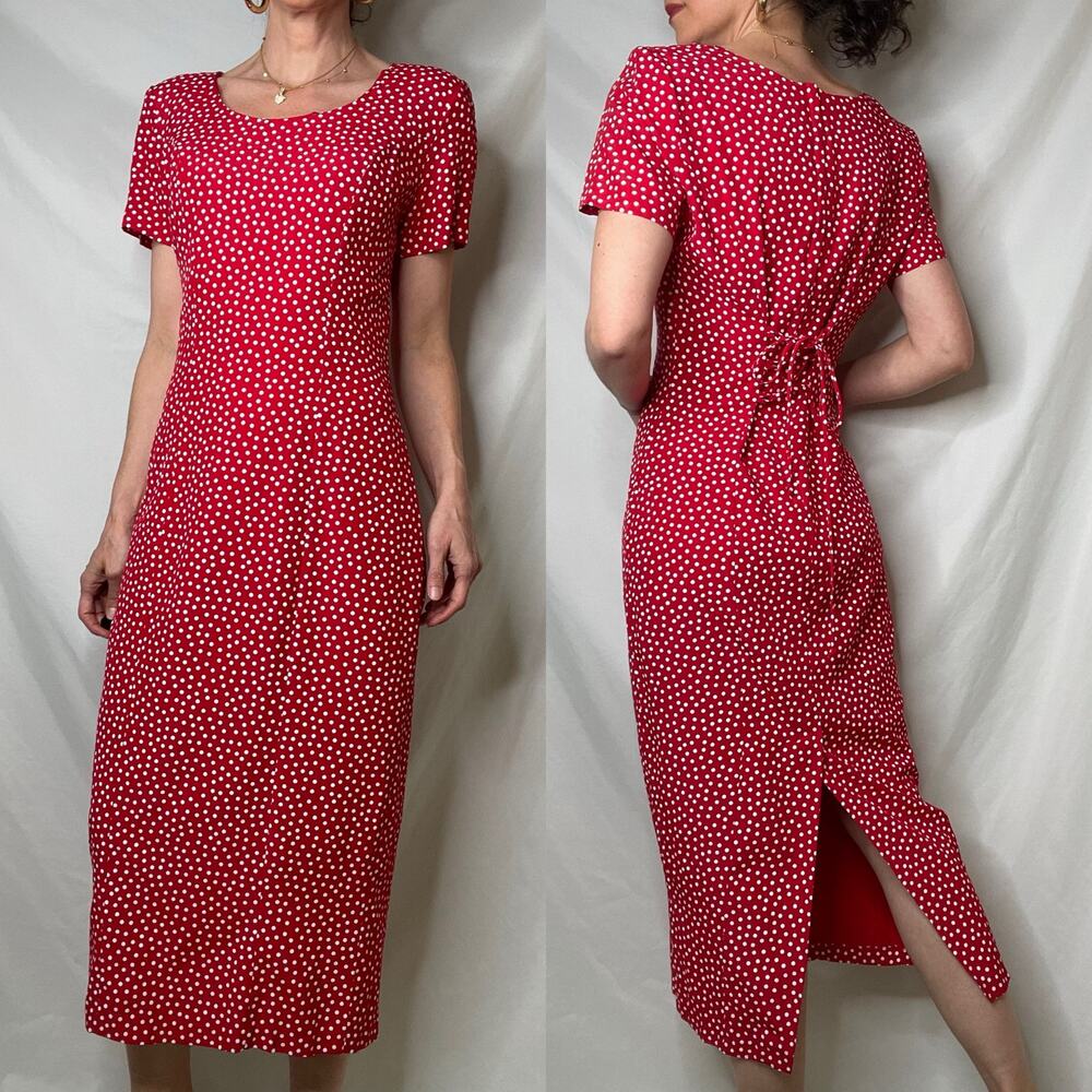 SOLD Vintage 90s red polka dot print midi maxi dress corset tie back Paris chic - Picture 11 of 16